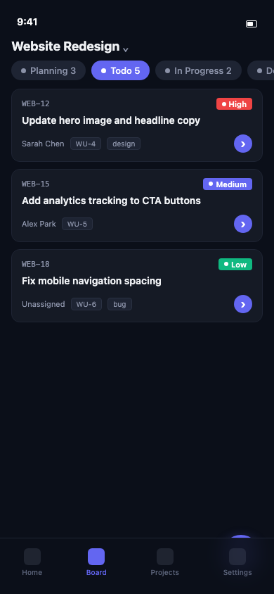 Agiflow mobile Board with project selector, work-unit filter, status lanes, and task cards