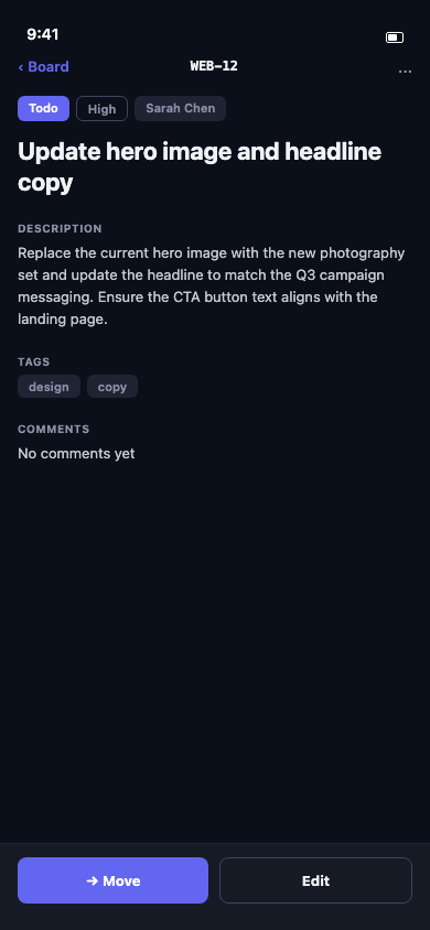 Agiflow mobile task detail with Edit in the header and Move in the bottom action bar