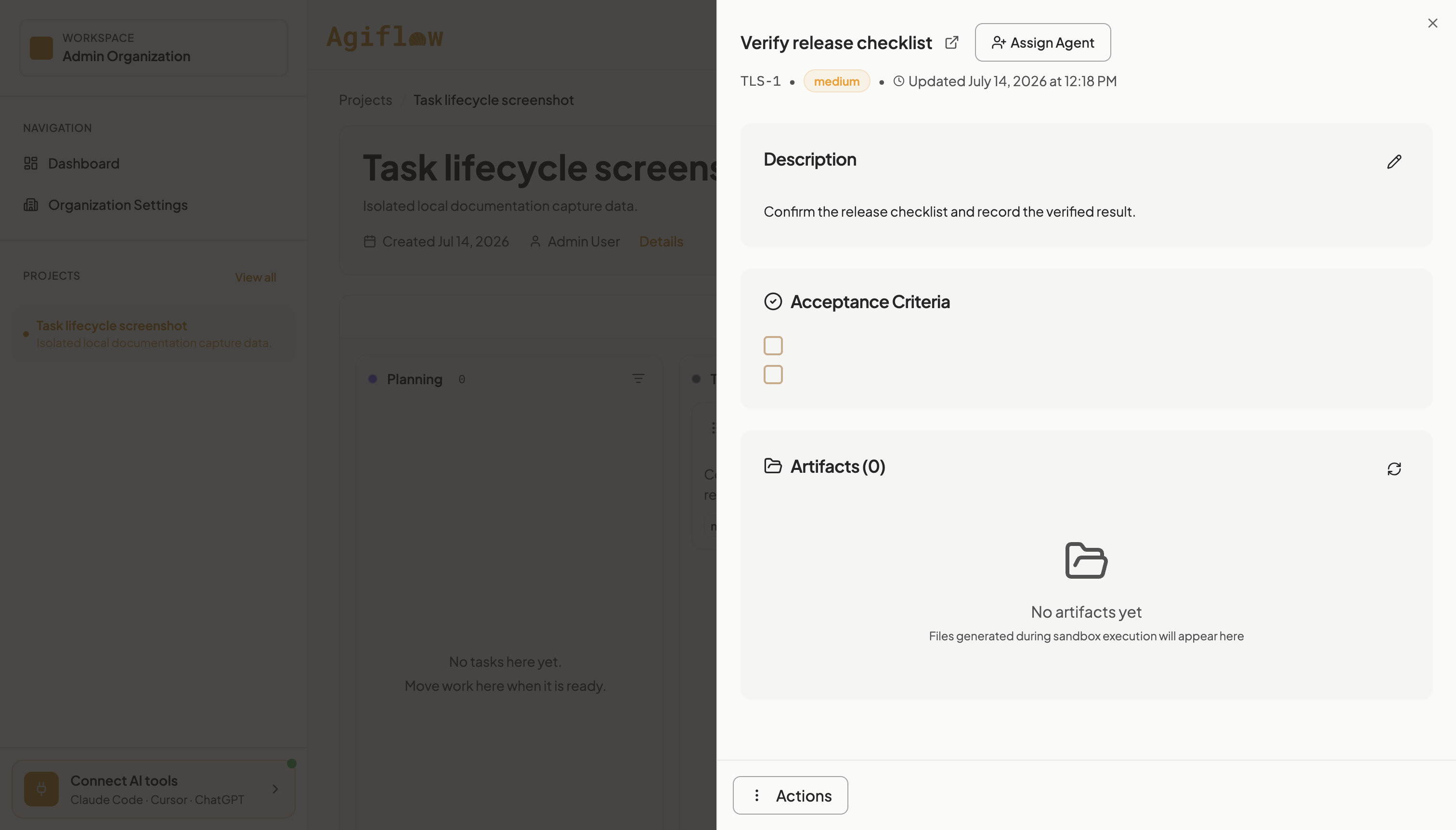A selected task open in a right-side quick view with part of its project board visible.