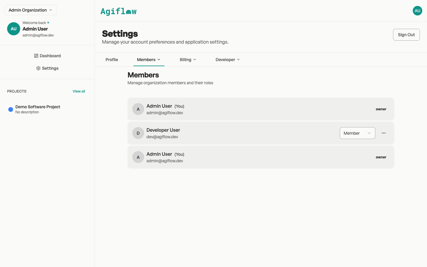 The Organization Members page shows team members and their roles, controlling who can create, edit, and interact with projects.