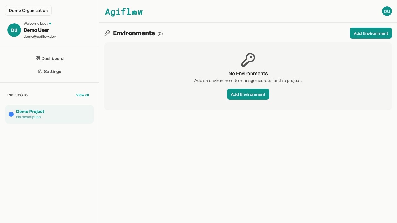 Environments page showing the empty state with an option to add a new environment for secrets.