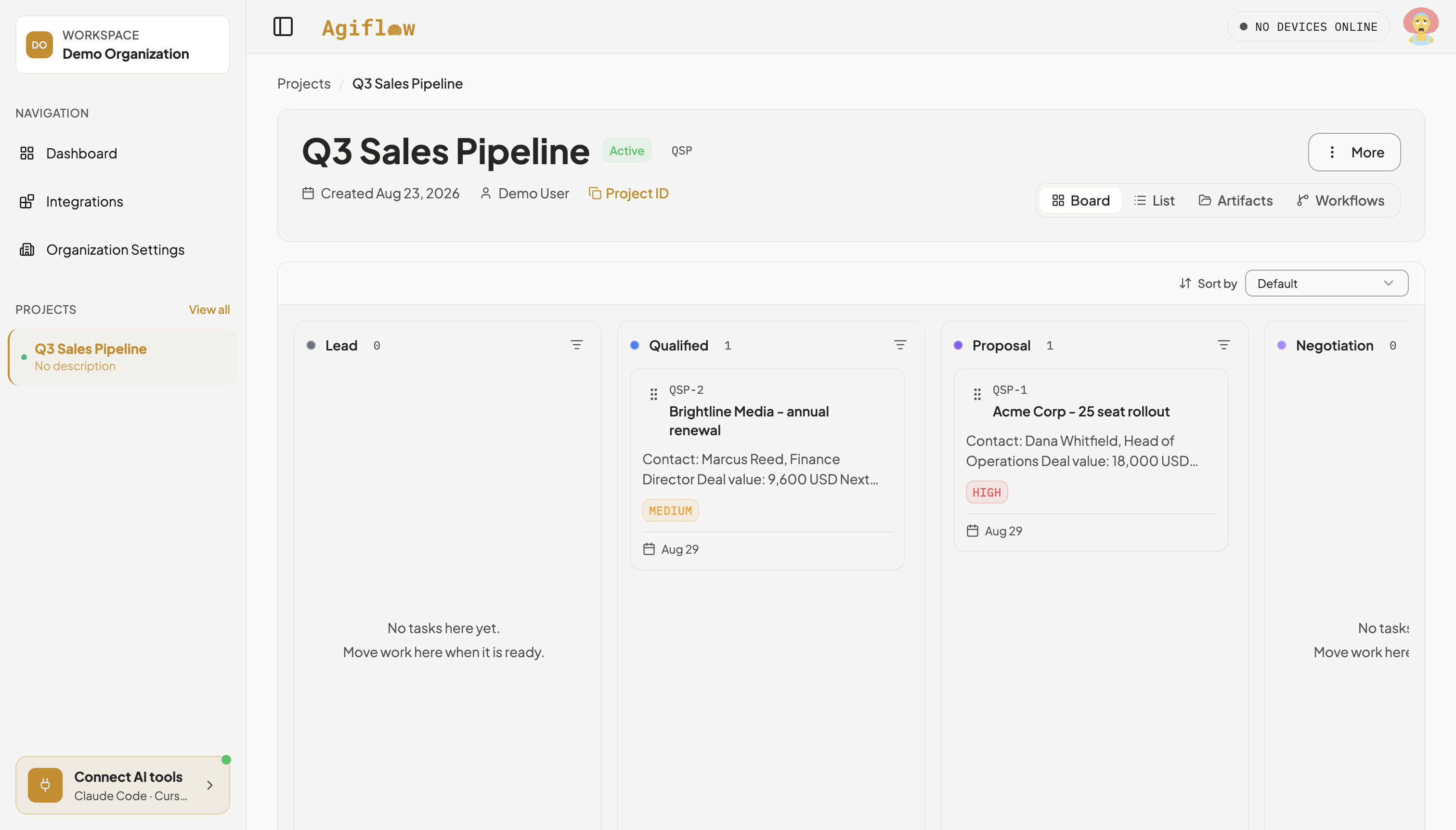 Q3 Sales Pipeline board on a full page reload, showing Acme Corp - 25 seat rollout in Proposal and Brightline Media - annual renewal in Qualified, both due Aug 29.