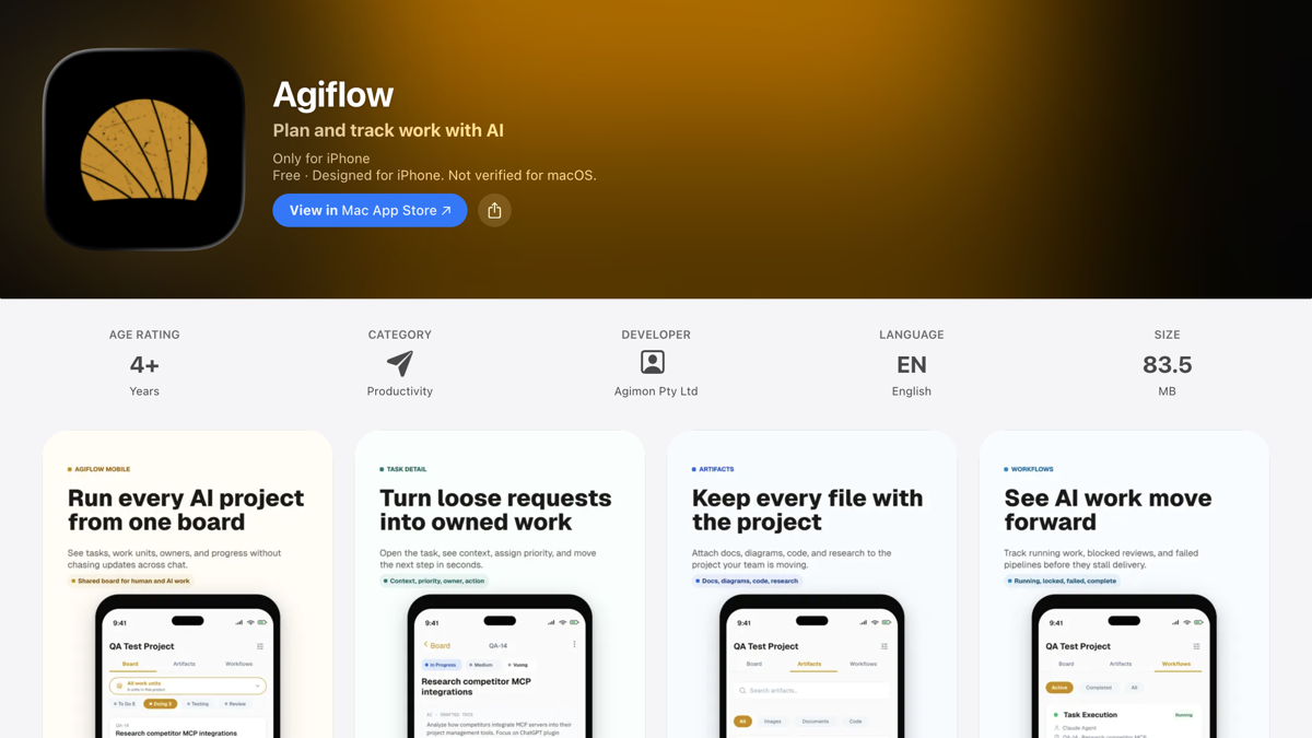 Agiflow on the Apple App Store, showing the subtitle Plan and track work with AI.