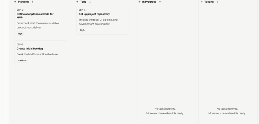 Cropped Agiflow project board showing task columns and status cards.