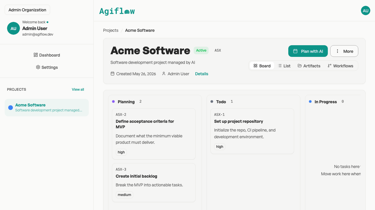 Agiflow project board with kanban columns, work units, and task statuses