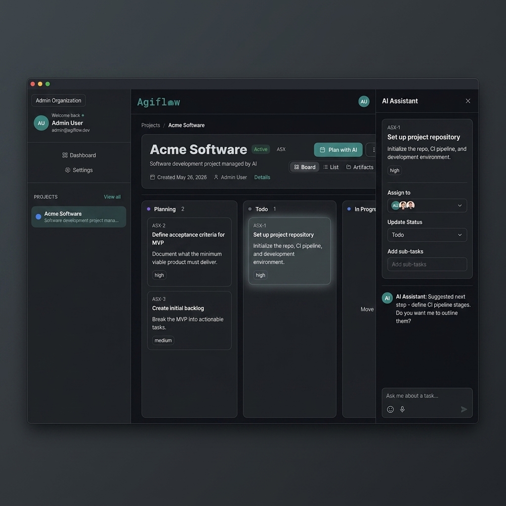 Agiflow's board with an AI assistant reading and updating a real task